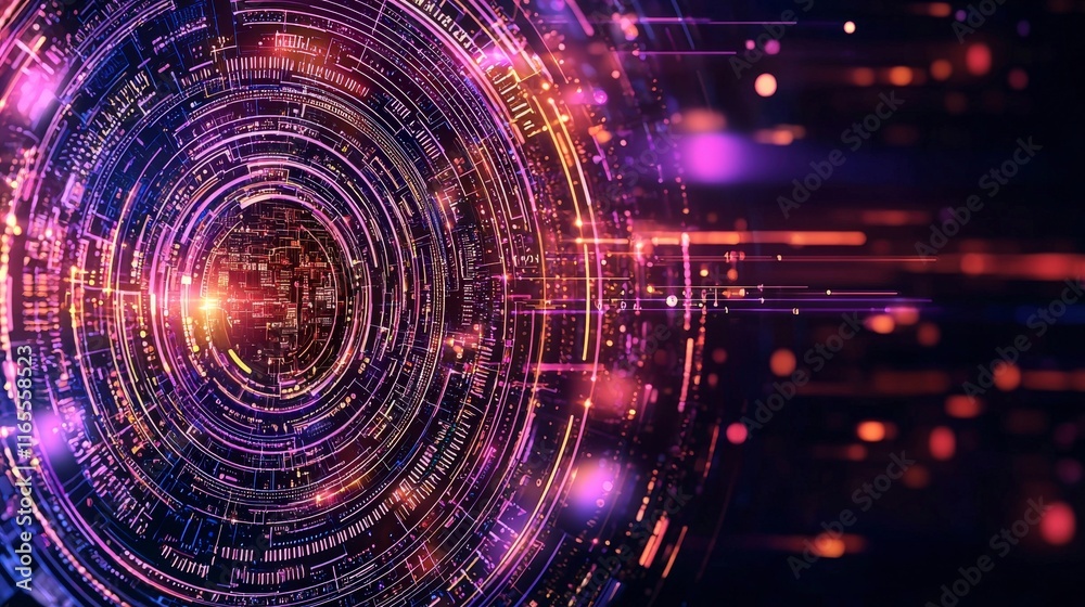 Obraz premium Abstract digital vortex with vibrant colors and glowing lights, creating a futuristic and dynamic visual effect.