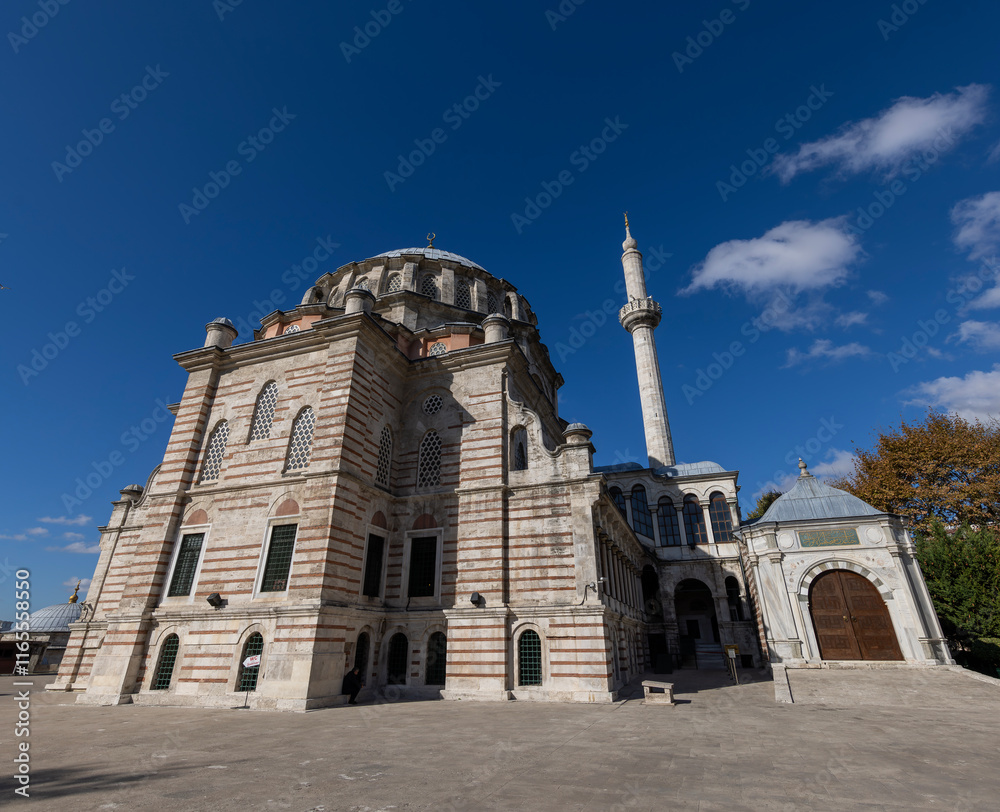 Laleli Mosque also known a Tulip mosque. Exterior shot. Arabic text as decor (verses from Koran, muslim Holy book). Ottoman