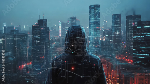 Hacker are planning to hack and attack networks and cyber security systems. Smart Innovation city with connection future wireless digital city and social media networking over the cityscape.