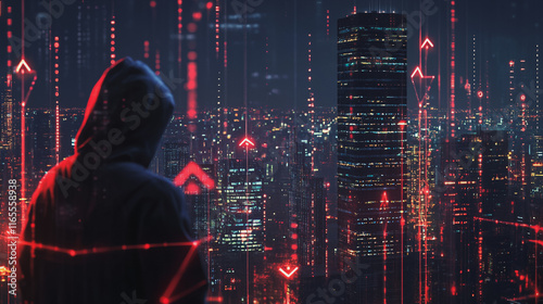 Hacker are planning to hack and attack networks and cyber security systems. Smart Innovation city with connection future wireless digital city and social media networking over the cityscape.