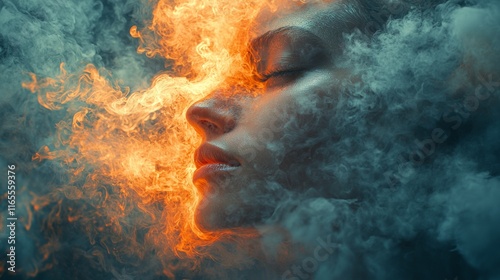 Fiery portrait of a woman enveloped in glowing flames