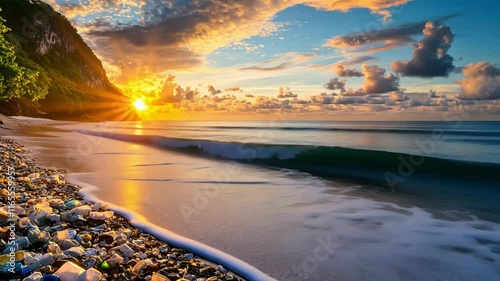 Garbage-littered Beachat Sunrise photo