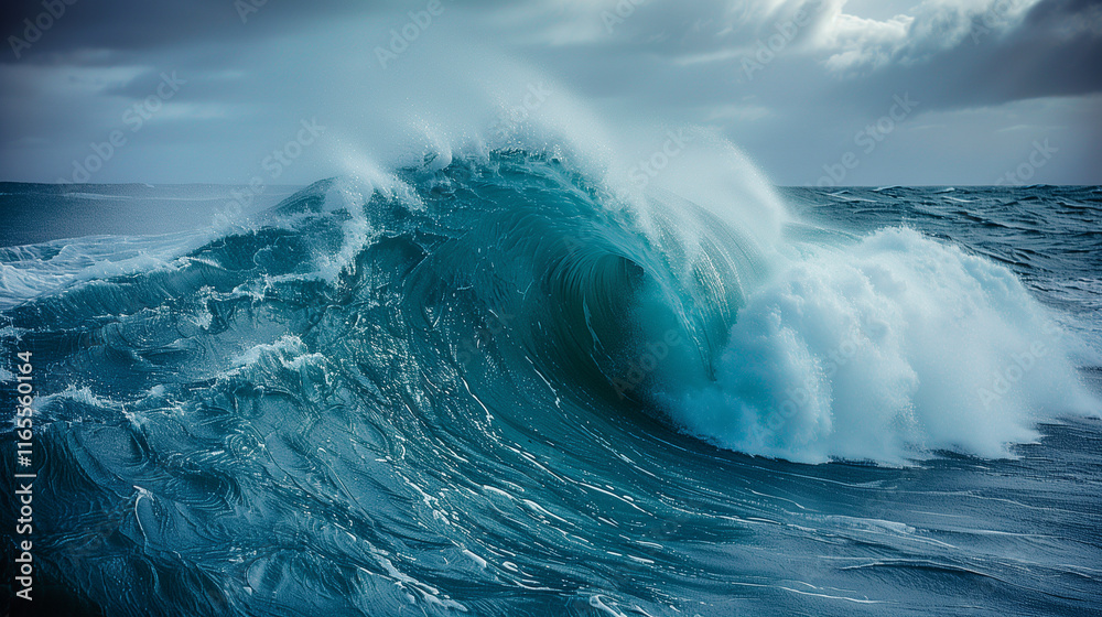 Powerful Ocean Wave Crashing Under Cloudy Sky.. Powerful Ocean Wave Crashing Under Cloudy Sky..
