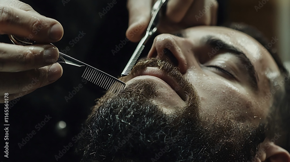 Naklejka premium A man is getting his beard trimmed by a barber
