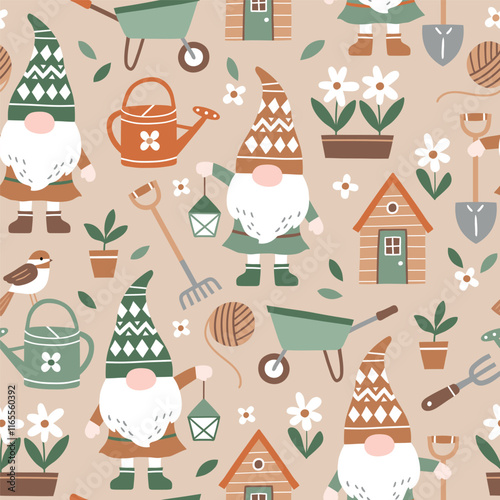 Seamless vector pattern with cute busy gnomes and gardening tools. Hand drawn fairy dwarf on floral background. EPS 10 vector file. Perfect for textile, wallpaper or nursery print design.
