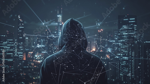 Hacker are planning to hack and attack networks and cyber security systems. Smart Innovation city with connection future wireless digital city and social media networking over the cityscape.