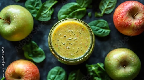 A glass of green juice is poured over a bunch of apples and spinach photo