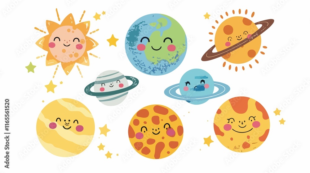 Hand Drawn Solar System with Cute Faces Vector Set Hand Drawn Solar System with Cute Faces Vector Set