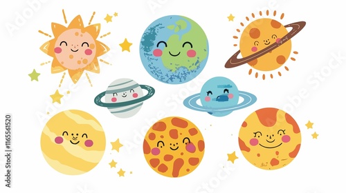 Hand Drawn Solar System with Cute Faces Vector Set