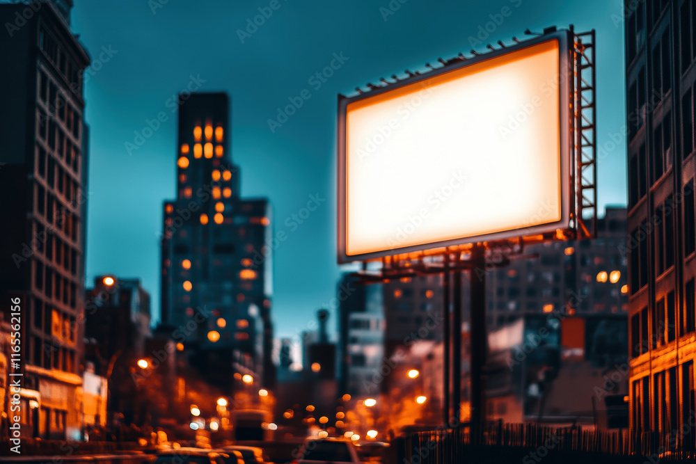 Illuminated urban billboard at night with city skyline in the background Illuminated urban billboard at night with city skyline in the background