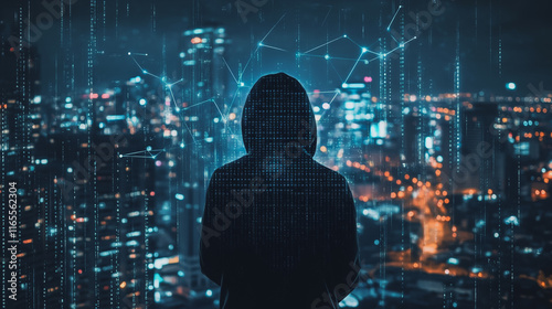 Hacker are planning to hack and attack networks and cyber security systems. Smart Innovation city with connection future wireless digital city and social media networking over the cityscape.