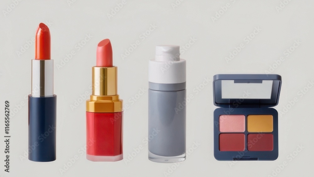 Obraz premium A collection of vibrant lipsticks and eyeshadow palettes displayed against a neutral background, highlighting cosmetic beauty products.