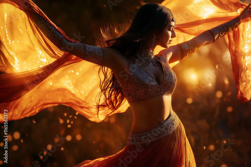 Belly dancer in shimmering costume spinning gracefully with flowing scarves.