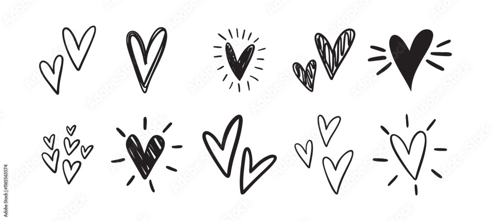 Obraz premium Charming hearts set. Hand Drawn Heart Doodle. Drawing outline hearts Convey Love, Affection And Creativity