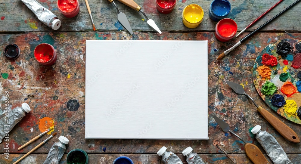 A clean white canvas placed on a bright, paint-splattered wooden table with lots of art supplies around it A clean white canvas placed on a bright, paint-splattered wooden table with lots of art supplies around it