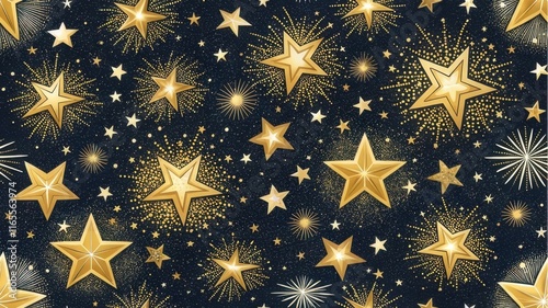 A vibrant pattern of golden stars on a dark background, creating a whimsical and festive atmosphere.