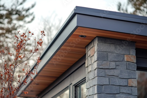 Modern house exterior showing soffit, fascia, and stone column