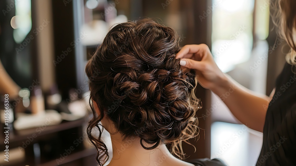 Fototapeta premium A woman with long hair is getting her hair done by a stylist