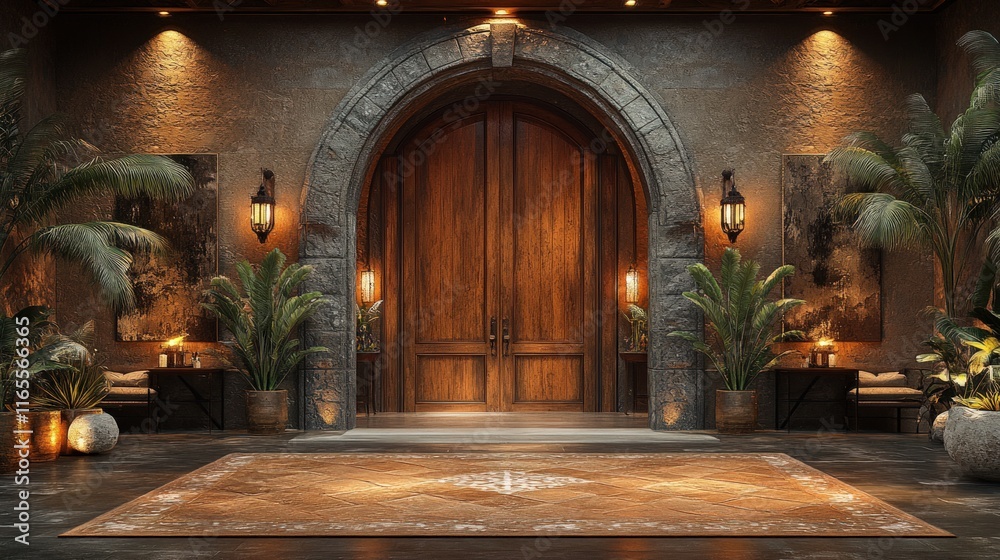 Fototapeta premium Arched wooden door, tropical plants, stone entryway.