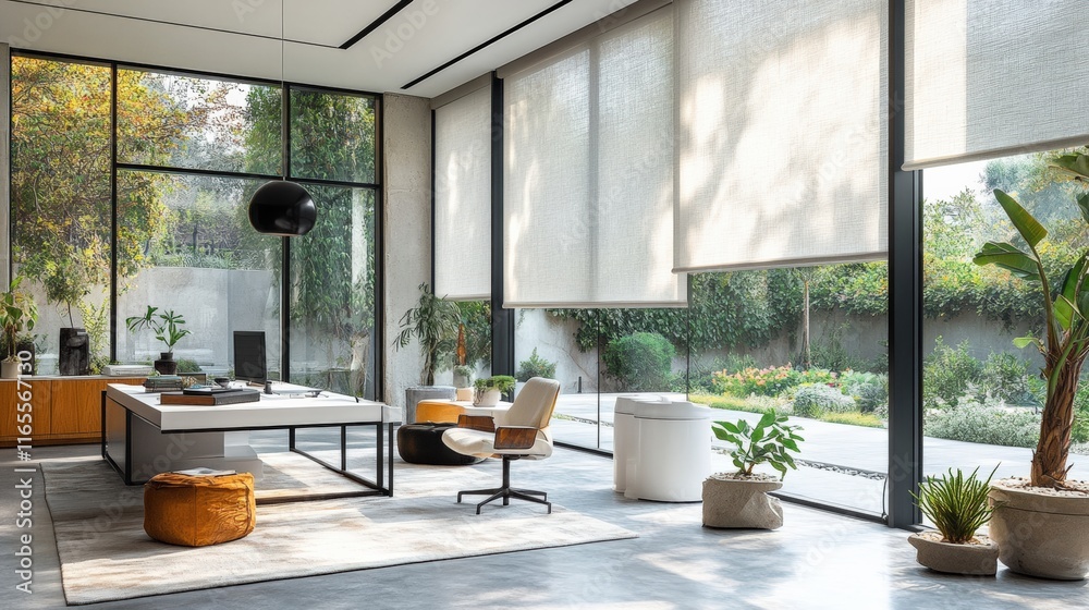Modern luxury workspace design with smart window shades peaceful garden view contemporary office environment high-quality aesthetics Modern luxury workspace design with smart window shades peaceful garden view contemporary office environment high-quality aesthetics