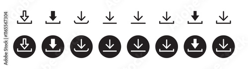 Download icon symbol. Round sign down arrow. Download icon for apps, websites interface.
