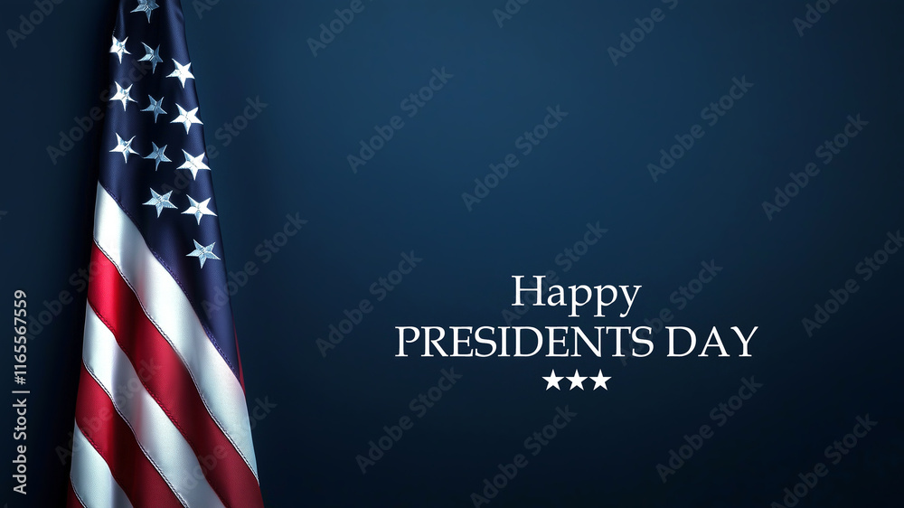 Text Happy Presidents Day with on dark blue background with a US flag, American national holiday