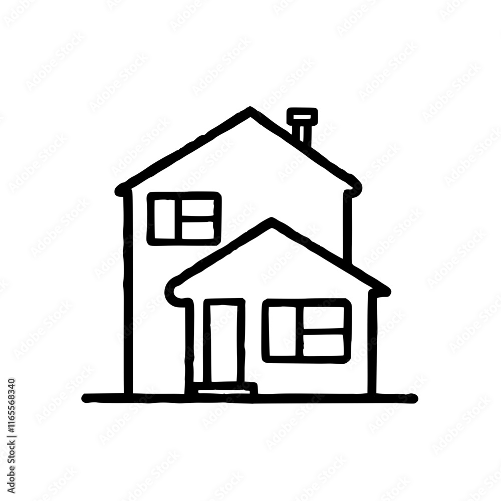 Illustration of a two-story house. Simple line drawing of a home with a chimney, windows, and a door. Perfect for real estate, home design, or construction projects. Illustration of a two-story house. Simple line drawing of a home with a chimney, windows, and a door. Perfect for real estate, home design, or construction projects.