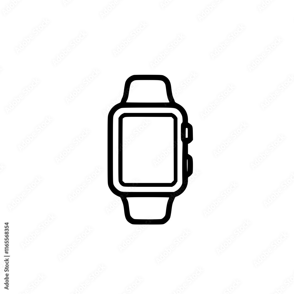 Smartwatch icon. A simple line drawing of a modern digital wristwatch, showcasing its sleek design and user-friendly interface. Perfect for app design, technology articles, and more. Smartwatch icon. A simple line drawing of a modern digital wristwatch, showcasing its sleek design and user-friendly interface. Perfect for app design, technology articles, and more.
