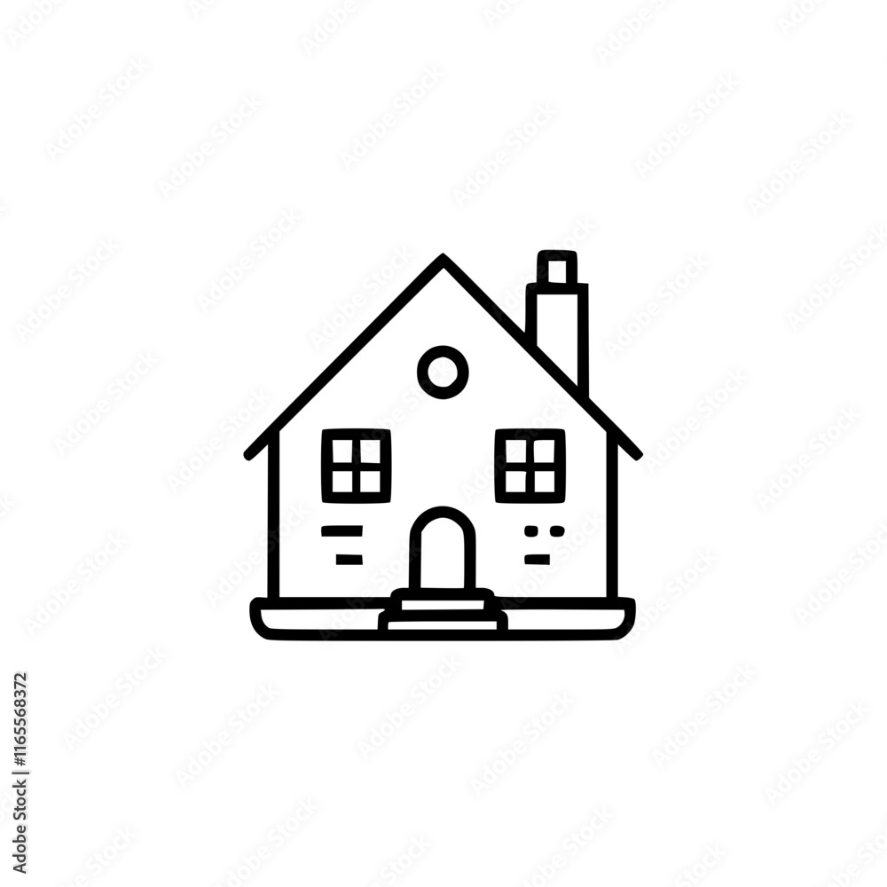 Simple line drawing of a house with a chimney, windows, and a small door. Perfect for real estate, home, or family-themed projects. Clean and minimalist design. Simple line drawing of a house with a chimney, windows, and a small door. Perfect for real estate, home, or family-themed projects. Clean and minimalist design.
