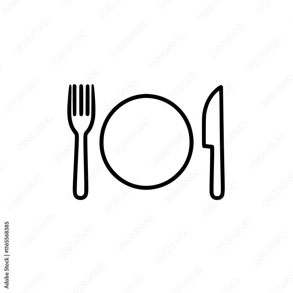 Simple line art illustration of a place setting: a plate, fork, and knife. Perfect for menus, restaurant websites, or any culinary-themed design. Simple line art illustration of a place setting: a plate, fork, and knife. Perfect for menus, restaurant websites, or any culinary-themed design.