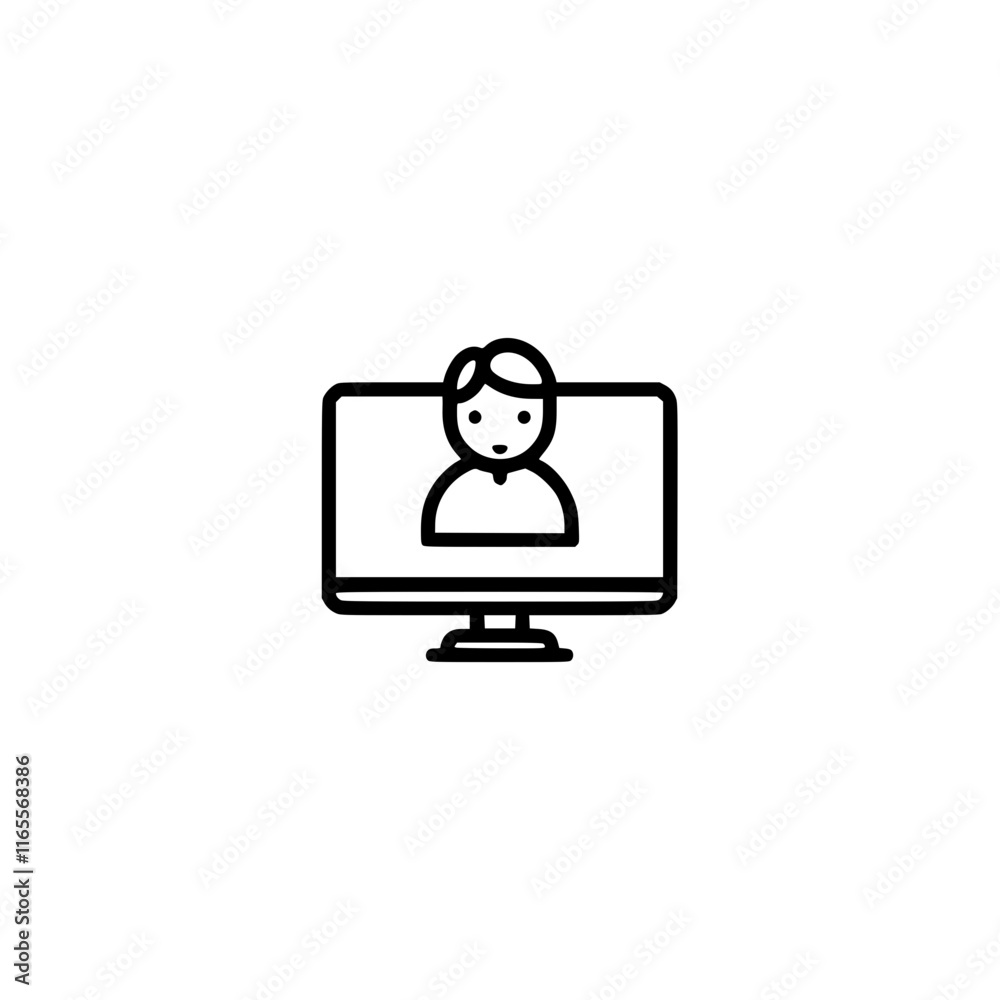 Person on computer screen. Simple line art icon depicting a person's profile displayed on a desktop monitor, ideal for online communication, video conferencing, or user profile concepts. Person on computer screen. Simple line art icon depicting a person's profile displayed on a desktop monitor, ideal for online communication, video conferencing, or user profile concepts.