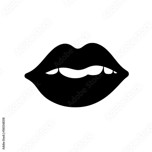 A close-up of a stylized pair of lips, rendered in bold black, slightly parted, suggestive of a kiss or a whisper. The graphic design is simple yet striking, suitable for various applications.