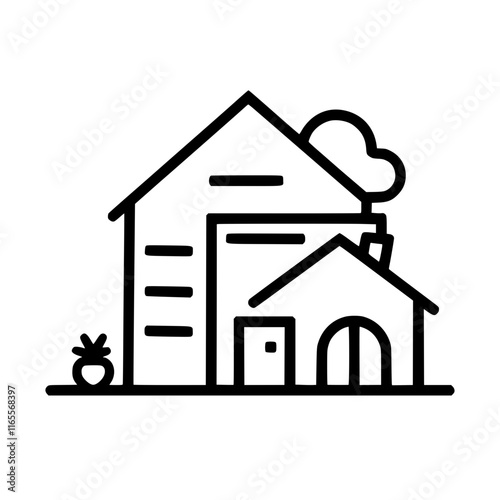 Line art illustration of two houses, one larger than the other, with a small tree and plant. Simple design suitable for real estate or home-related projects.