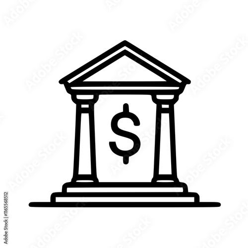 Simple line art illustration of a bank building with a dollar sign, symbolizing financial security and wealth.  Ideal for financial websites, apps, or presentations.