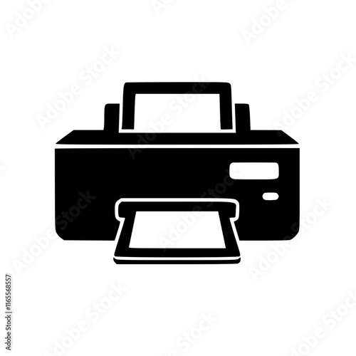 Black and white illustration of a printer, ready to print a document. Simple and clean design, perfect for representing printing technology or office supplies.