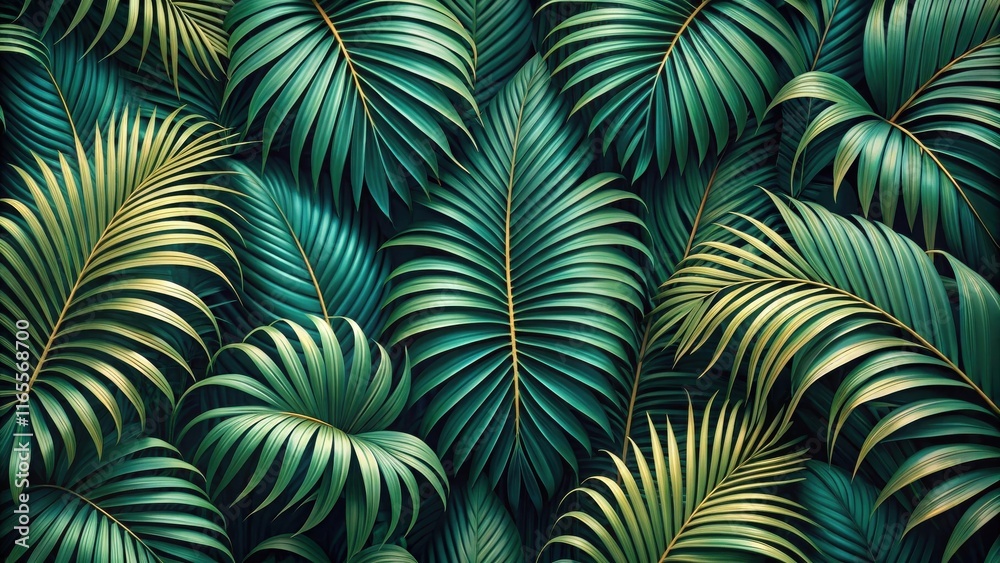 A Lush Tropical Tapestry of Vibrant Green Palm Fronds, Intertwined and Overlapping, Creating a Rich Textural and Visual Feast for the Eyes A Lush Tropical Tapestry of Vibrant Green Palm Fronds, Intertwined and Overlapping, Creating a Rich Textural and Visual Feast for the Eyes