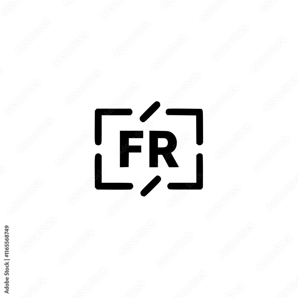 Simple graphic design element featuring the letters 'FR' inside a bold, rectangular frame with diagonal dashes. Suitable for various applications requiring a clean, modern aesthetic. Simple graphic design element featuring the letters 'FR' inside a bold, rectangular frame with diagonal dashes. Suitable for various applications requiring a clean, modern aesthetic.