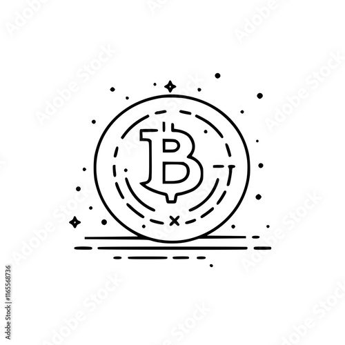 Cryptocurrency coin digital asset.  Line art illustration of a stylized coin featuring a cryptocurrency symbol, representing digital currency and blockchain technology.