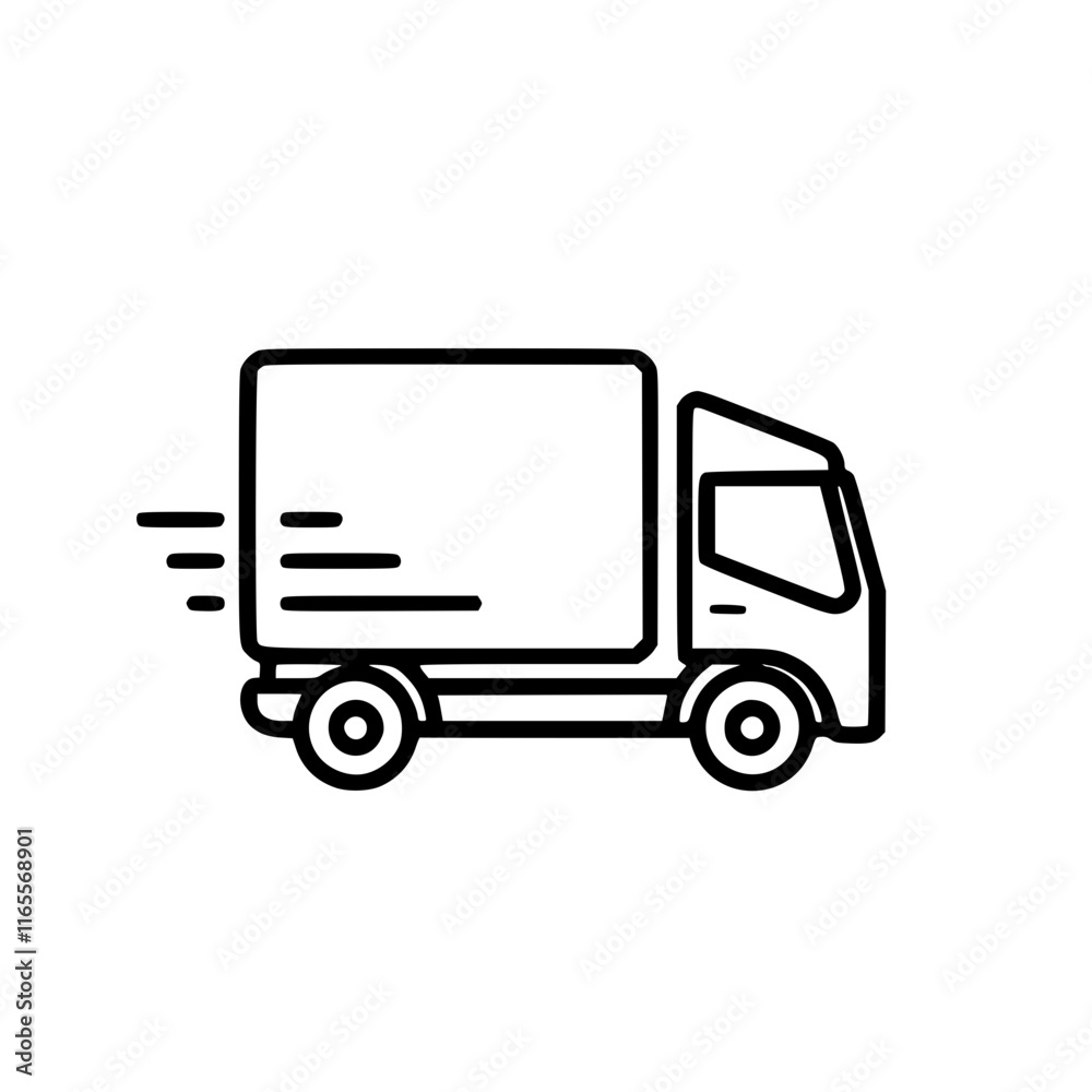 Fast delivery truck icon. A simple line drawing of a box truck in motion, ideal for logistics, shipping, and transportation concepts. Represents speed and efficiency. Fast delivery truck icon. A simple line drawing of a box truck in motion, ideal for logistics, shipping, and transportation concepts. Represents speed and efficiency.