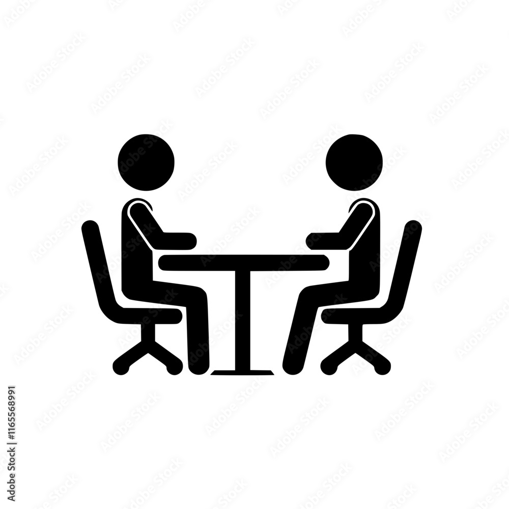 Two figures sit opposite each other at a table for a meeting or discussion. Simple, minimalist illustration of a business meeting or conversation. Two figures sit opposite each other at a table for a meeting or discussion. Simple, minimalist illustration of a business meeting or conversation.
