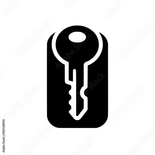 Simple black and white icon of a key on a key fob.  A classic representation of security, access, and unlocking potential.  Perfect for websites, apps, and presentations needing a clean key symbol.