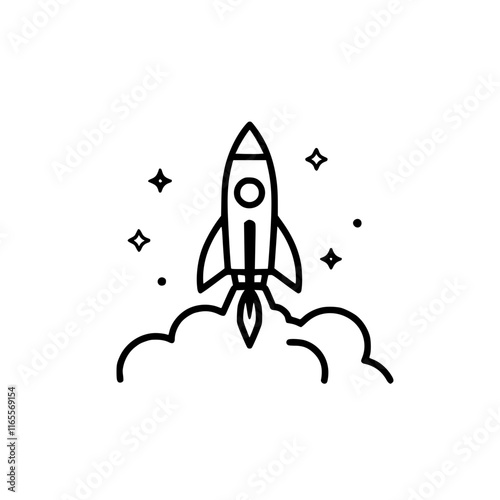 Rocket launching into space, leaving a trail of smoke and stars.  A symbol of new beginnings and innovation.