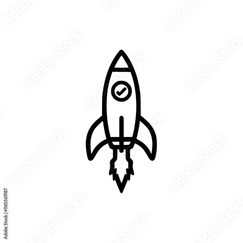 Launching a rocket into space.  A simple line art design depicting a rocket with a checkmark, symbolizing success and achievement. Ideal for presentations, websites, or marketing materials.