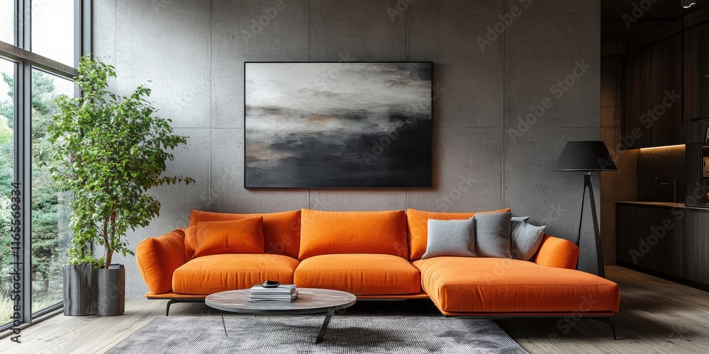 Stylish modern living room with orange sofa urban loft interior design inspiration sleek environment contemporary viewpoint high fidelity aesthetics Stylish modern living room with orange sofa urban loft interior design inspiration sleek environment contemporary viewpoint high fidelity aesthetics