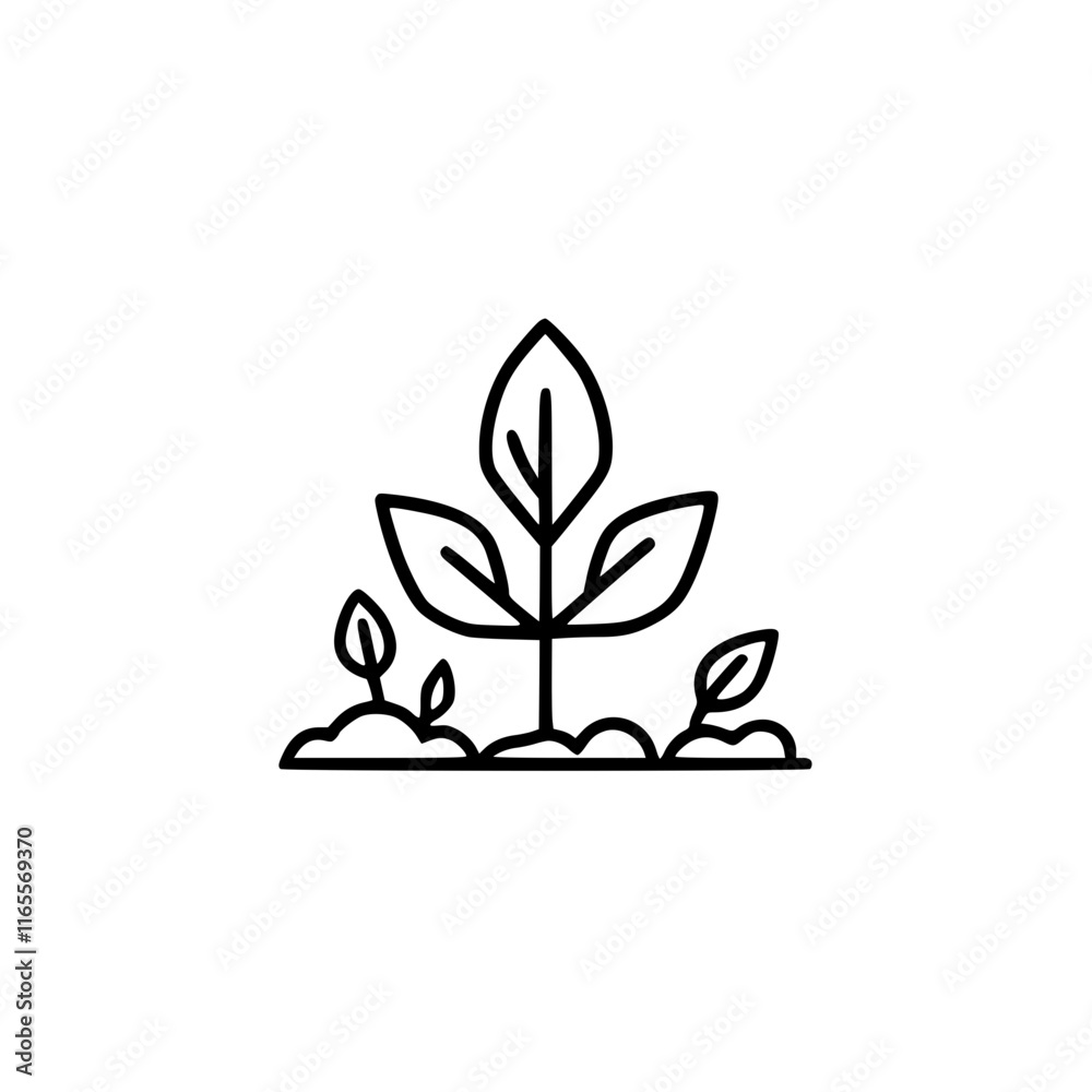A young plant growing in the ground, surrounded by smaller plants. A simple line drawing representing growth and nature. A young plant growing in the ground, surrounded by smaller plants. A simple line drawing representing growth and nature.