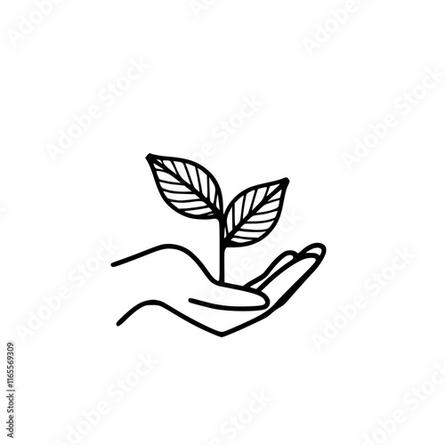 A hand gently cradles a young plant, symbolizing growth, care, and environmental consciousness.  The simple line art conveys a message of nurturing and preservation.