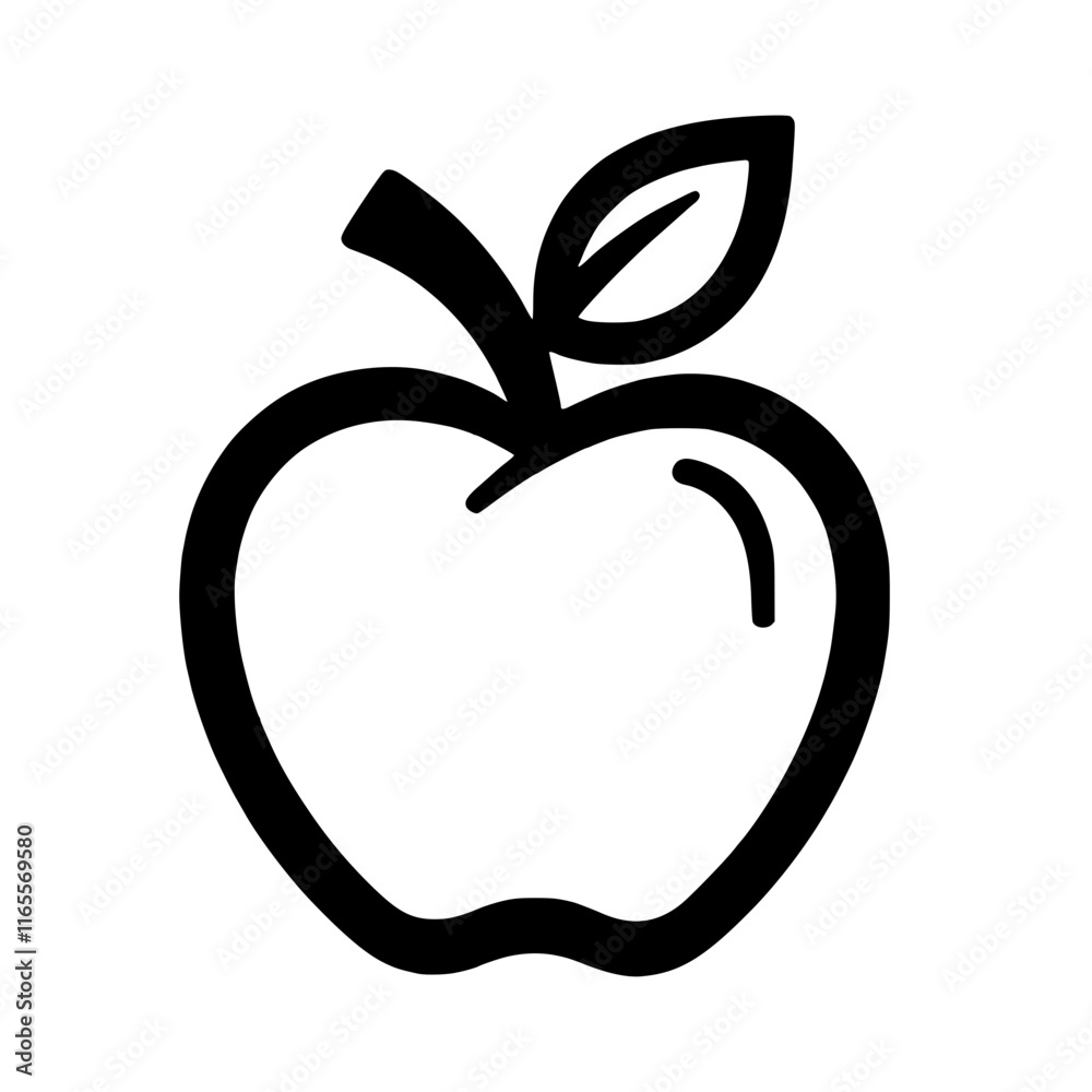 Simple line art illustration of an apple with a leaf.  Perfect for healthy eating, education, or nature-themed designs. Clean and minimalist style.