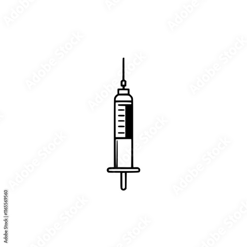 A simple line drawing of a syringe, a medical instrument used for injections. The syringe is depicted in a minimalist style, with clear lines and a focus on its essential features.