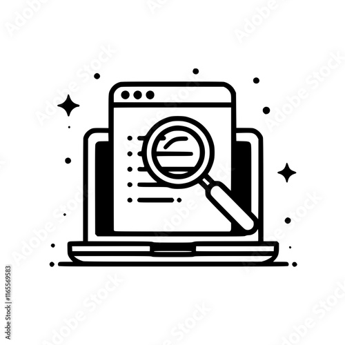 Online research and data analysis. A laptop screen displays information being magnified with a magnifying glass, symbolizing detailed examination and insightful discovery.