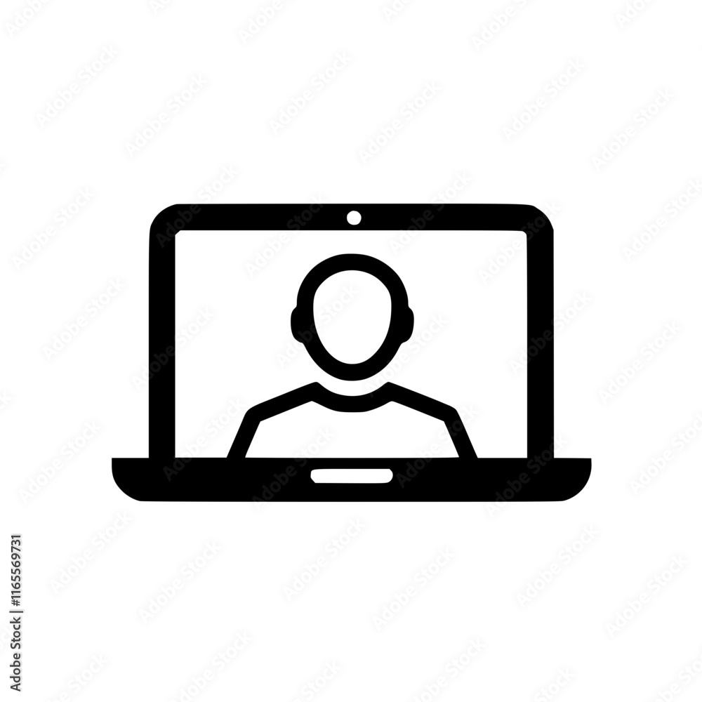 Person on laptop screen. Simple icon depicting online communication, video conferencing, or virtual meetings. Ideal for websites, apps, and presentations needing a digital interaction symbol. Person on laptop screen. Simple icon depicting online communication, video conferencing, or virtual meetings. Ideal for websites, apps, and presentations needing a digital interaction symbol.